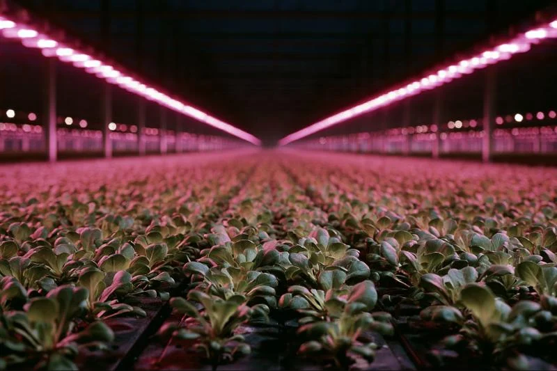 Rows of lettuce seedlings in a dark greenhouse under magenta grow lights.