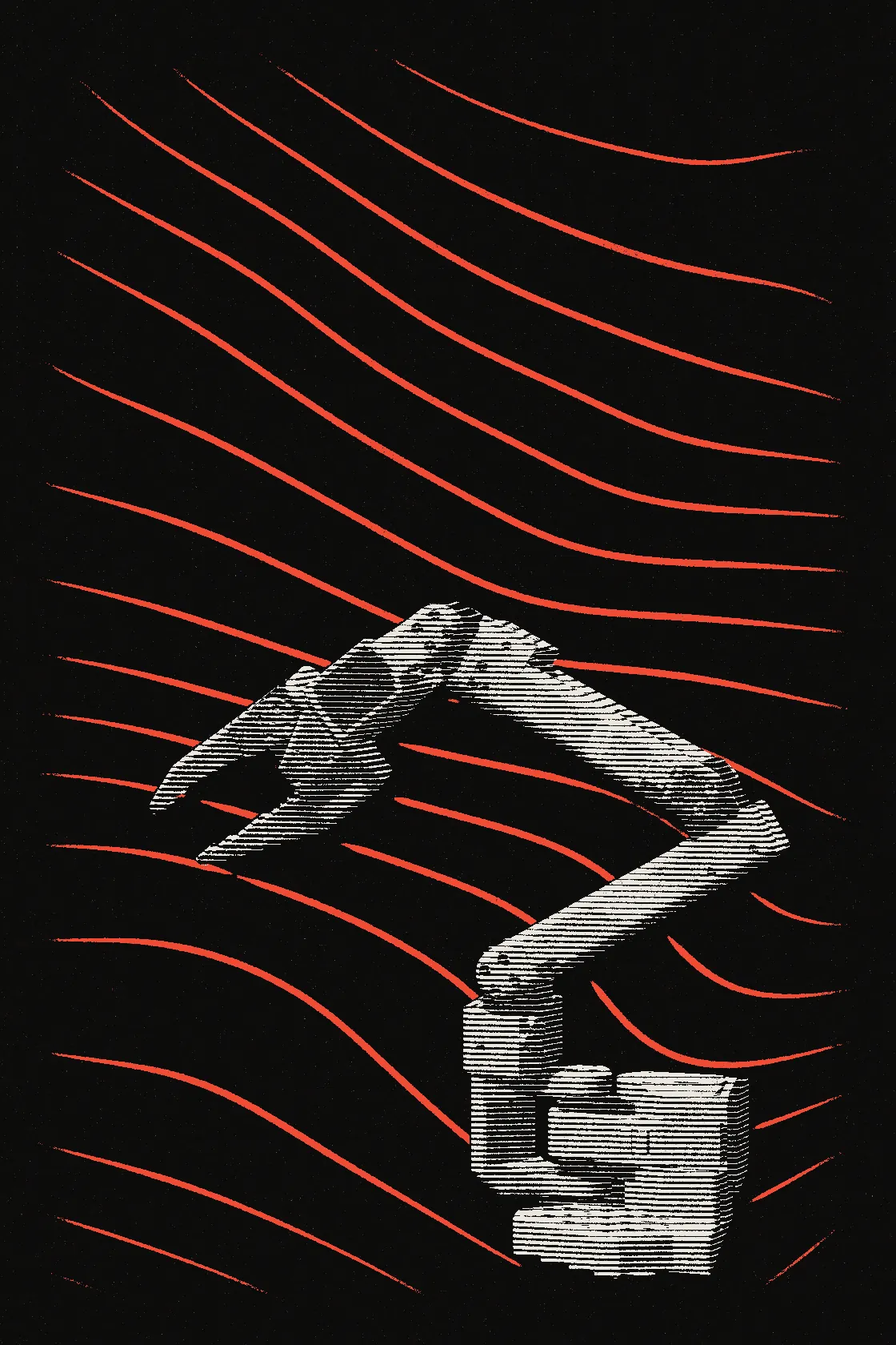 The SO-101 robot arm bent low over the bench to pick, printed in white lines among red contour stripes on black.
