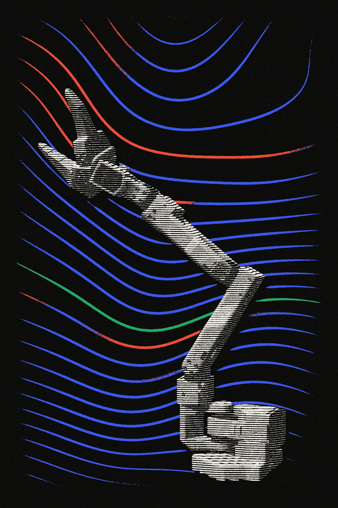 The SO-101 robot arm reaching out across red, blue and green contour stripes on black.