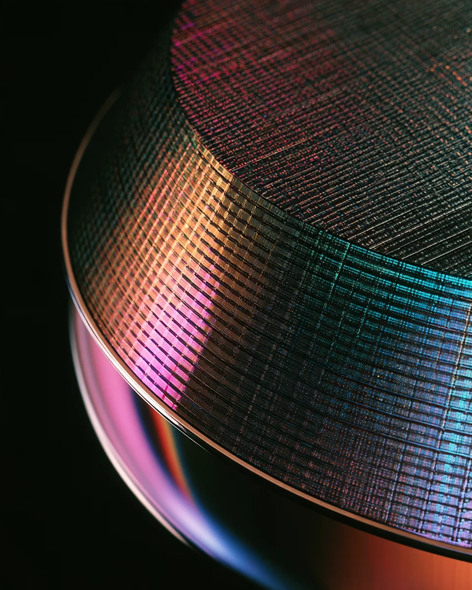 Close photograph of a silicon wafer, its rows of dies catching iridescent light.
